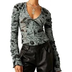 Free People Women's Through The Meadow Mesh Top Steel & Sea Green NEW Large